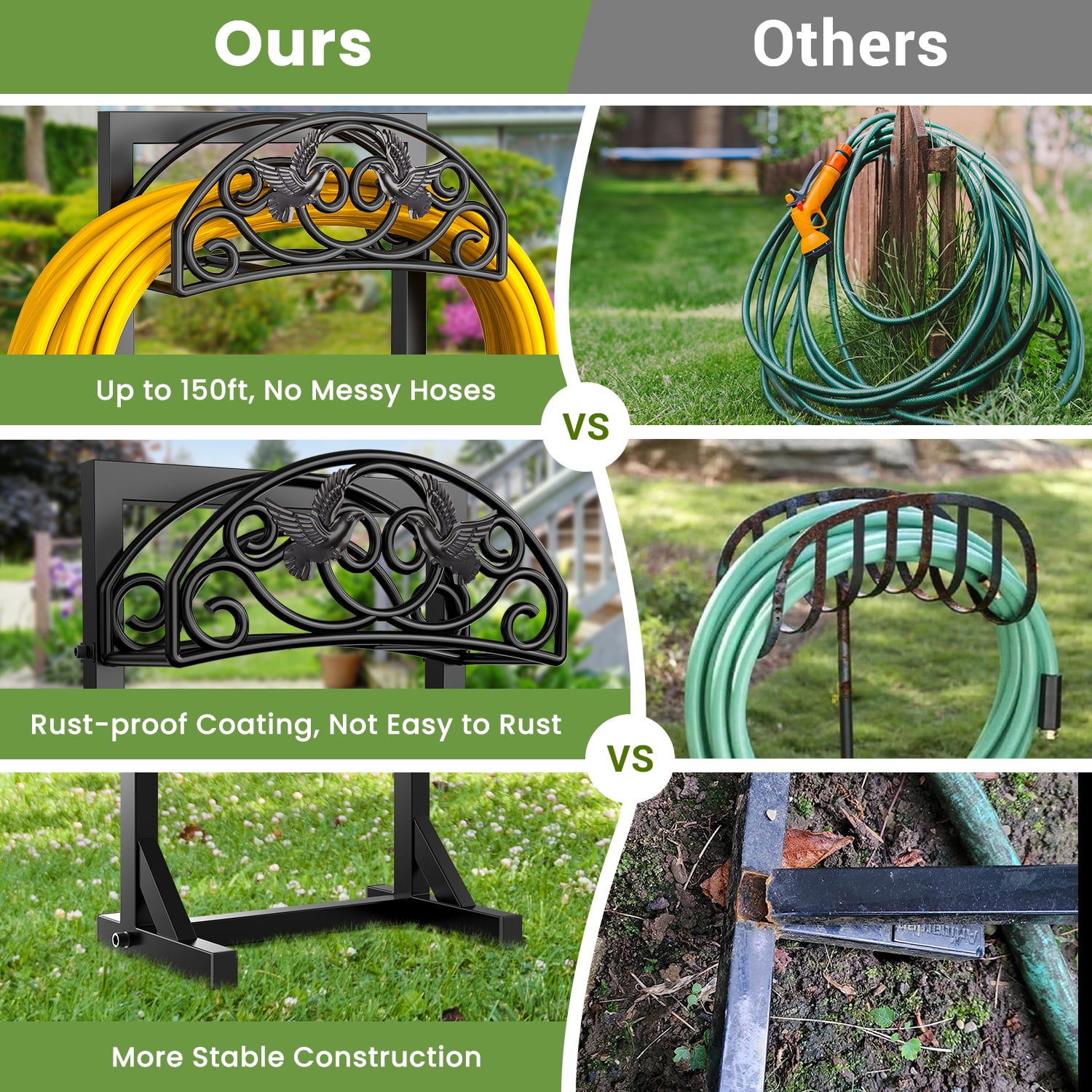 Garden Hose Holder Freestanding with 4 Spikes, Heavy Duty Metal Hose Hanger, Detachable Outdoor Hose Reel Rack Organizer
