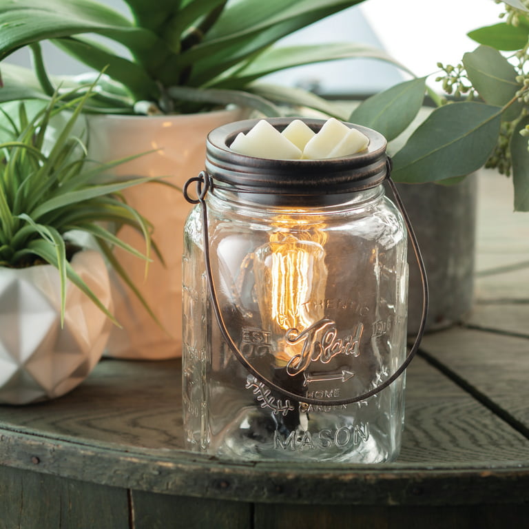 Candle Warmers Etc Vintage Bulb Mason Jar Fragrance Warmer Gift Set with Fresh Linen, Lavender & Ocean Tide Wax Melts, Clear