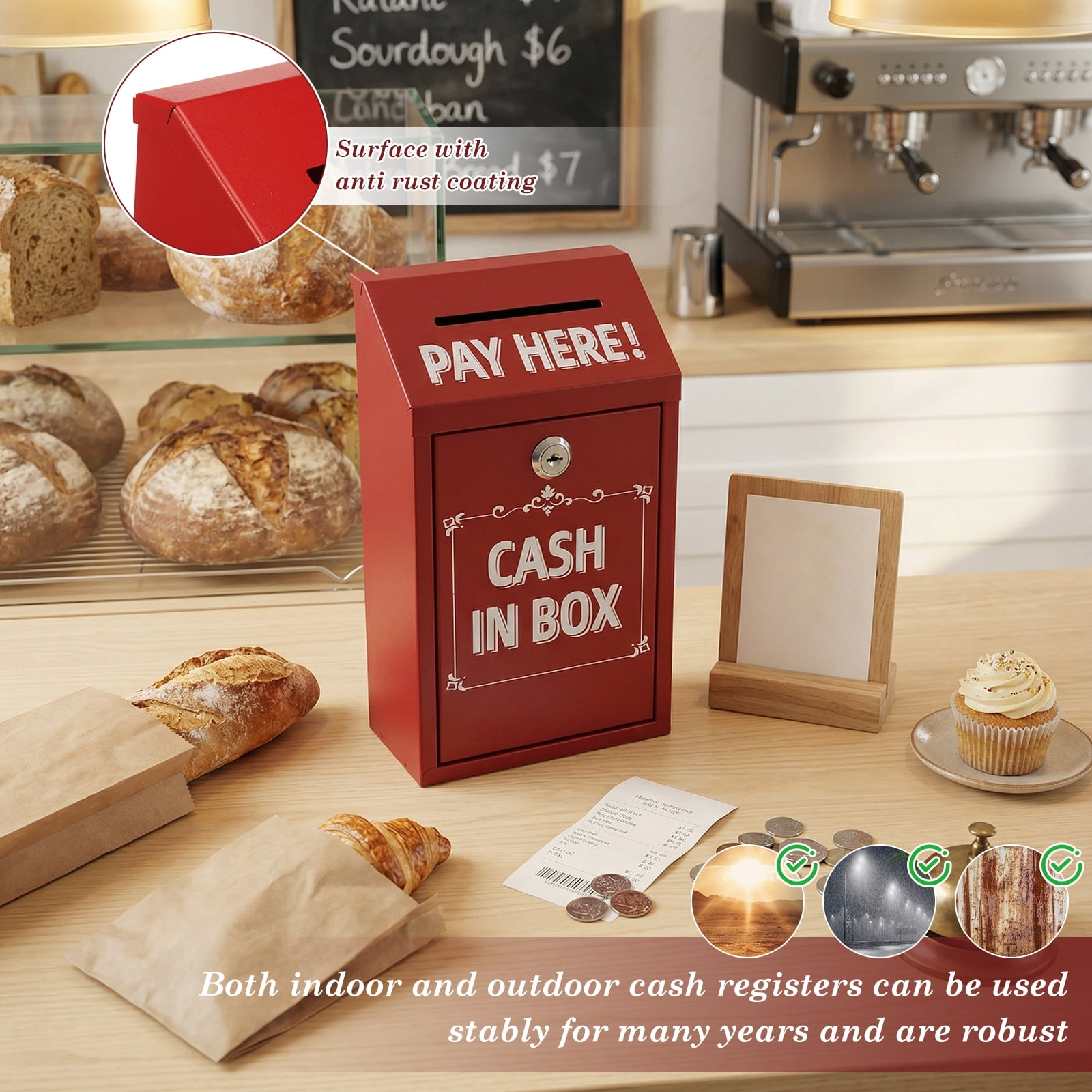 Metal Donation Box with Lock Slot Safe Suggestion Charity Collection Donation Money Lock Box Cash Drop Money Case Suggestion Box,Red,10.24 x 5.71 x 2.95''