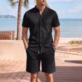 thumbnail image 2 of hotojiny Mens Summer Outfits 2 Piece Beach Vacation Set Plaid Short Sleeve Button down Shirts with Elastic Waist Shorts(Black,X-Large), 2 of 7