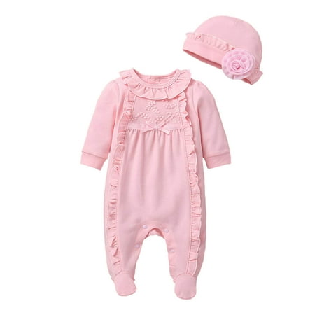 

Infant Baby Girls Footed Pajamas Play Ruffled Collar Romper Bodysuit with Matching Hat