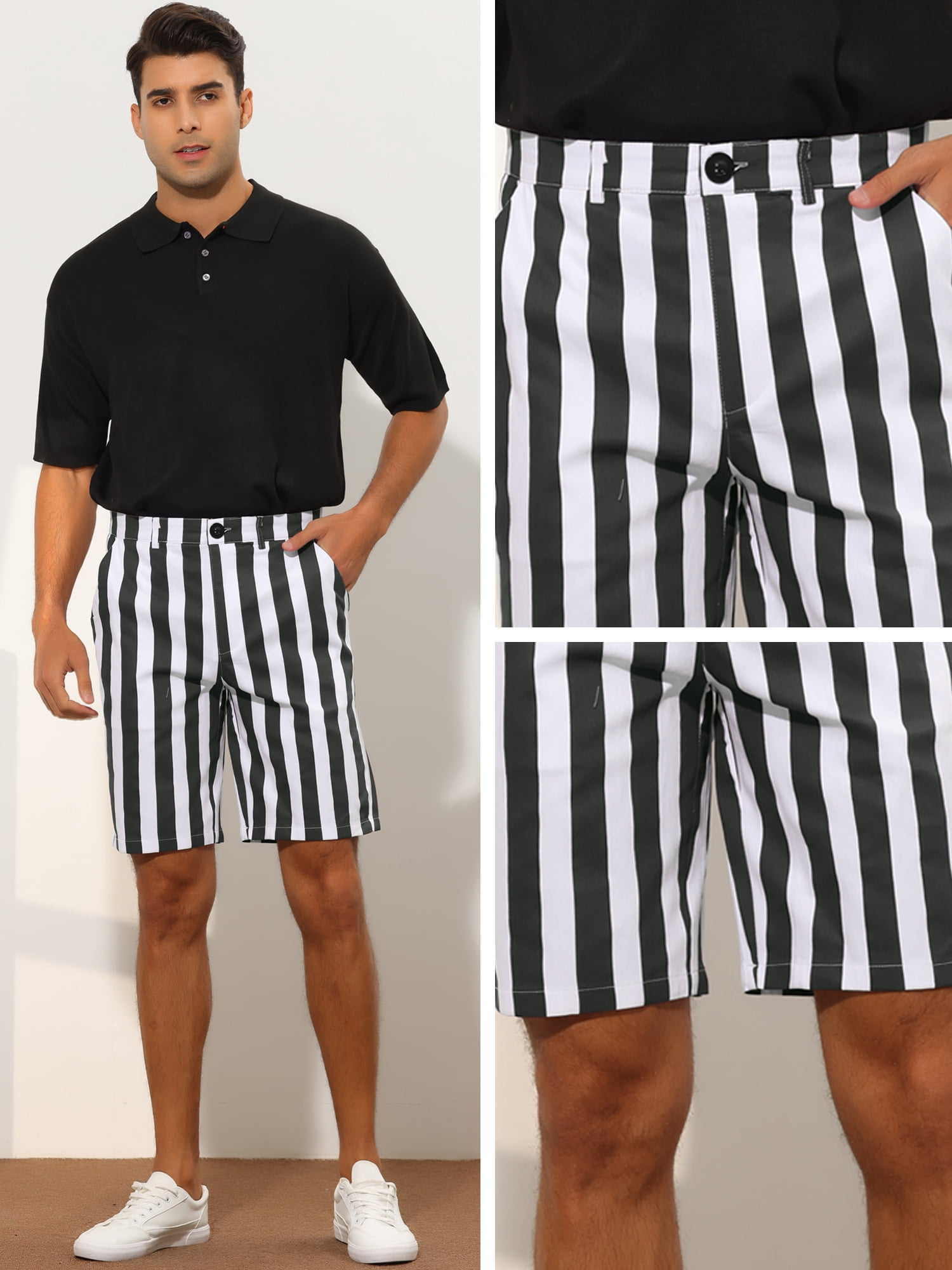 Unique Bargains Men's Striped Shorts Summer Regular Fit Business Flat Front Shorts 28 Black