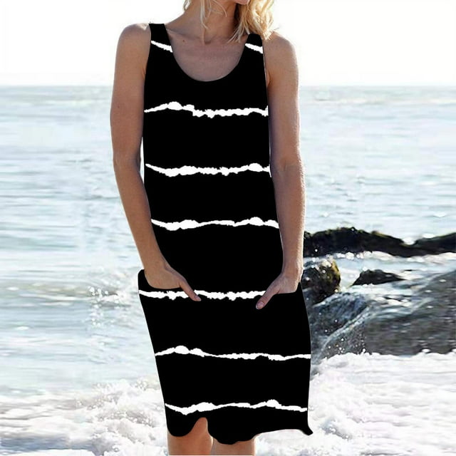 Nouvelle Robe Rayée pour Femmes Col Rond Sans Manches Robe Moulante Imprimée Robe Décontractée Style Tribal Élégant Robe Imprimée avec Poche