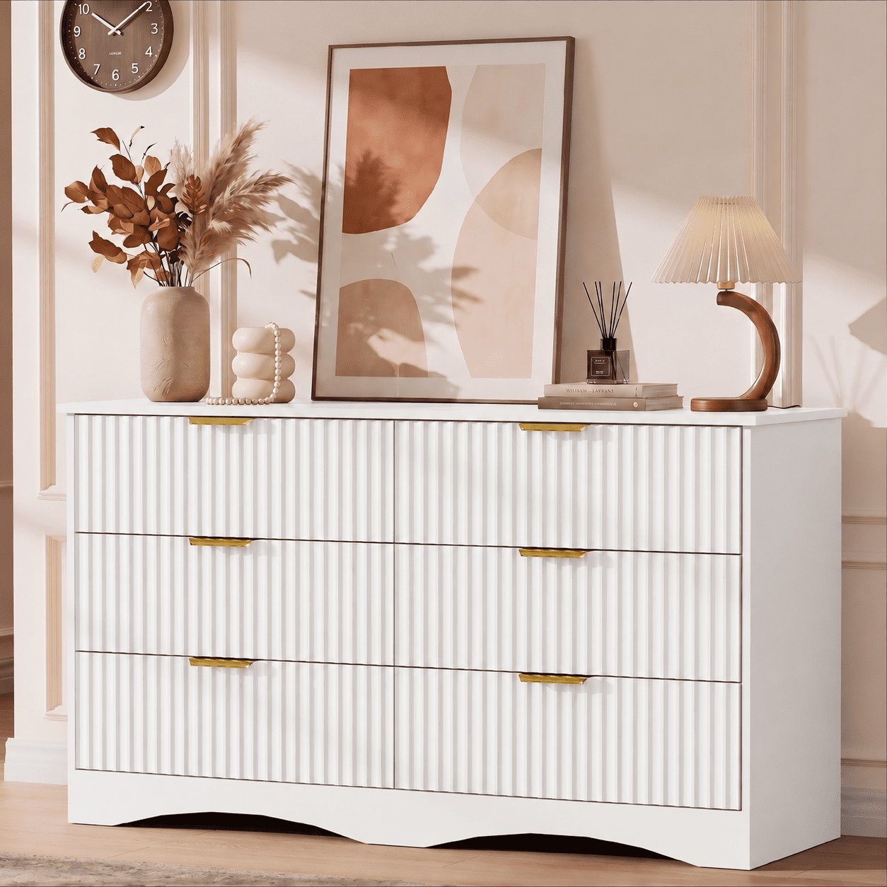 Lacoo 6 Drawer Dresser, 47'' Wide Fluted Dresser with Gold-Tone Handles, Wood Storage Chest with Smooth Glides, Modern Low Dresser for Bedroom, Living Room, White