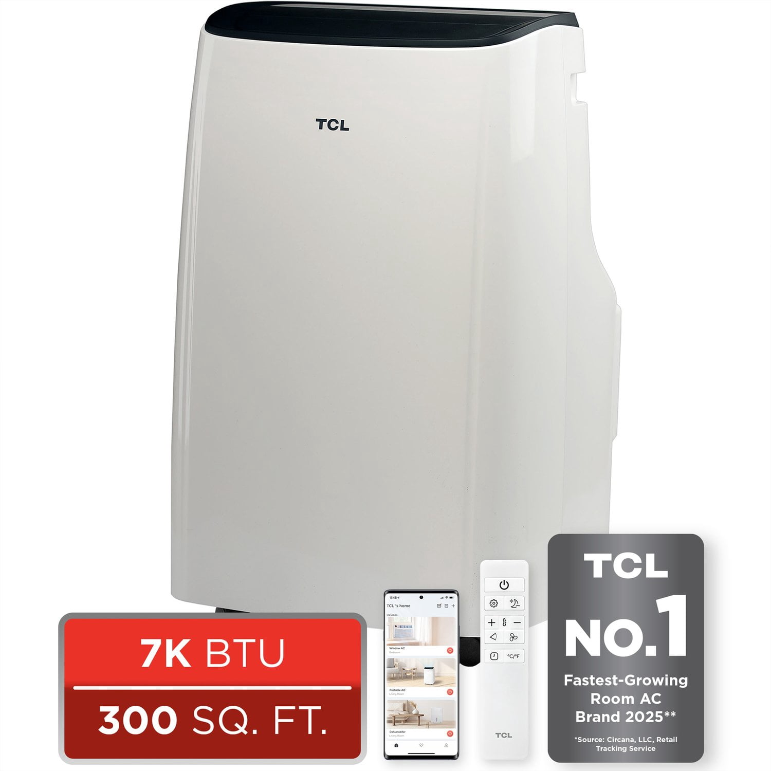 TCL 7,000 BTU SACC (11,000 BTU ASHRAE) Smart Portable Air Conditioner, H7P38W