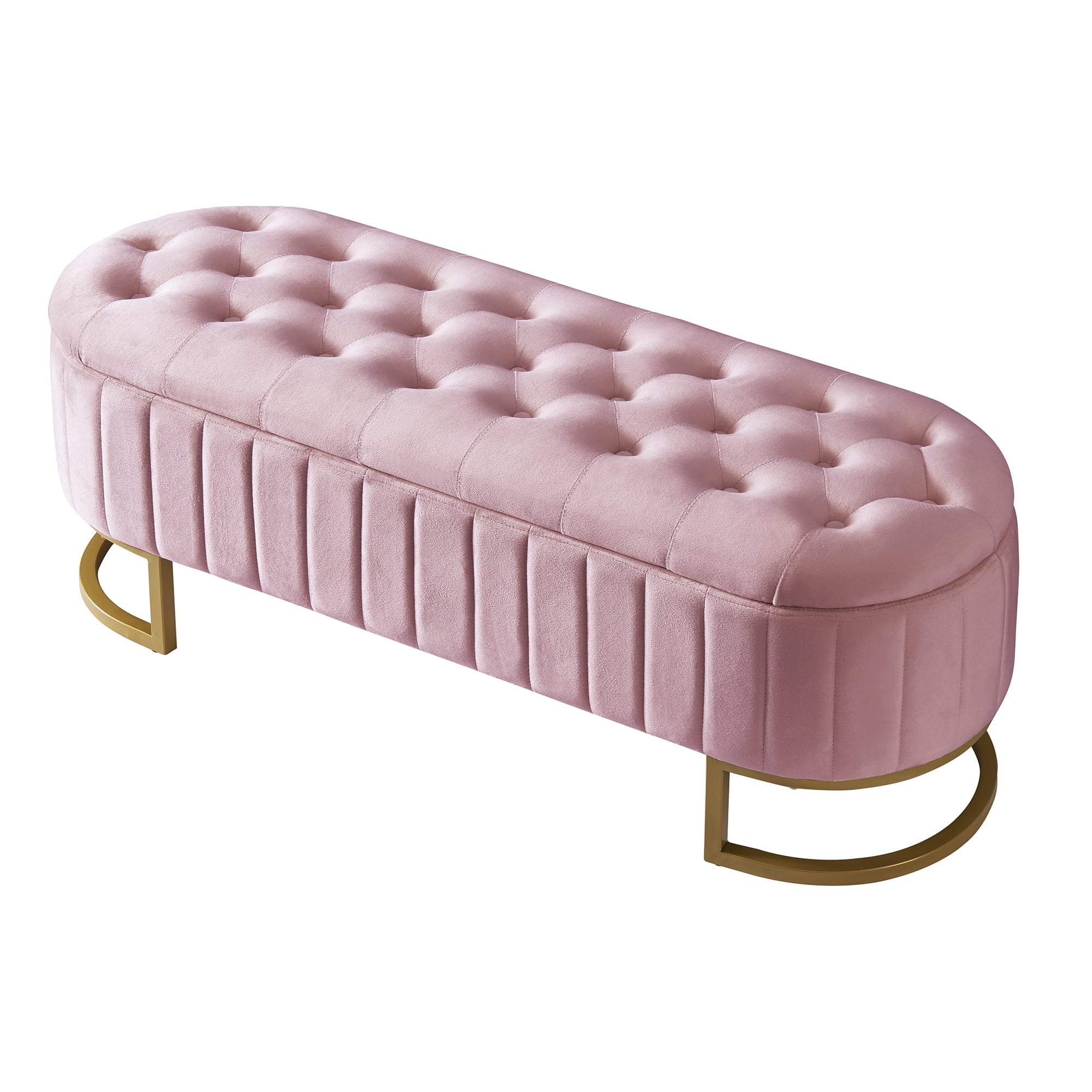 Euroco Upholstered Velvet Storage Ottoman Bench,End of Bed Bench with Metal Legs,Storage Chest for Bedroom,Living Room,Entryway,Pink