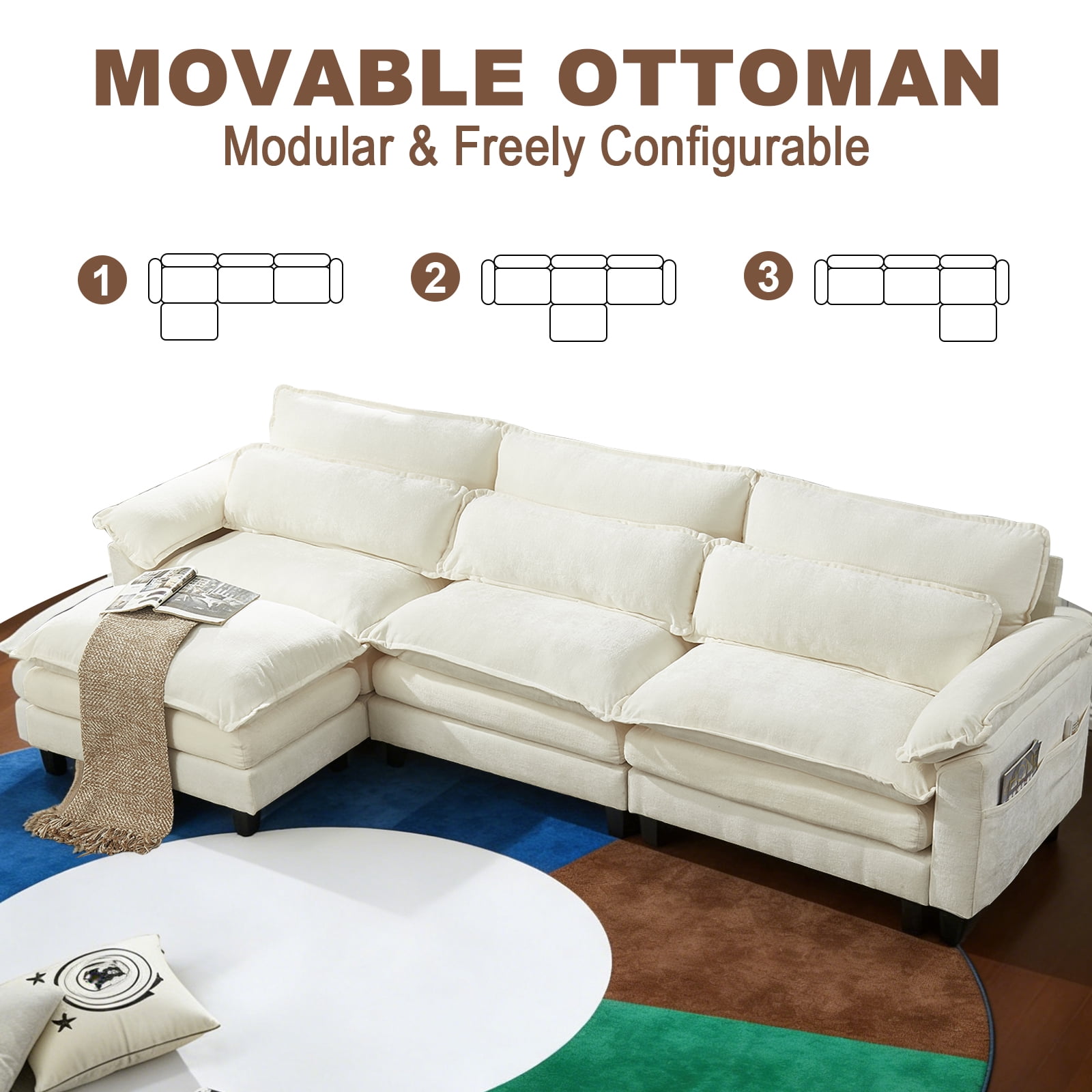 Aisword 113" Modular Sectional Sofa,L Shaped Modern Cloud Couch with Ottoman,3-Seat Chenille Deep Seat Sofa,USB Port,Beige