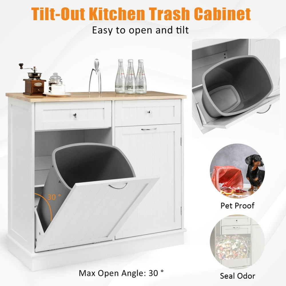 Finihen Kitchen Storage Cabinet, Buffet Sideboard, Rubber Wood Kitchen Trash Cabinet with Single Trash Can Holder and Adjustable Shelf, for Dining Room, Kitchen, Living Room, White Finihen Kitchen Storage Cabinet, Buffet Sideboard, Rubber Wood Kitchen Trash Cabinet with Single Trash Can Holder and Adjustable Shelf, for Dining Room, Kitchen, Living Room, White