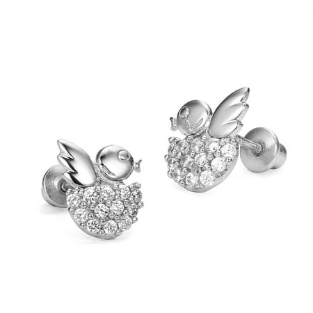 Sterling Silver Rhodium Plated Bird Nest Cubic Zirconia Screwback Baby Girls Earrings