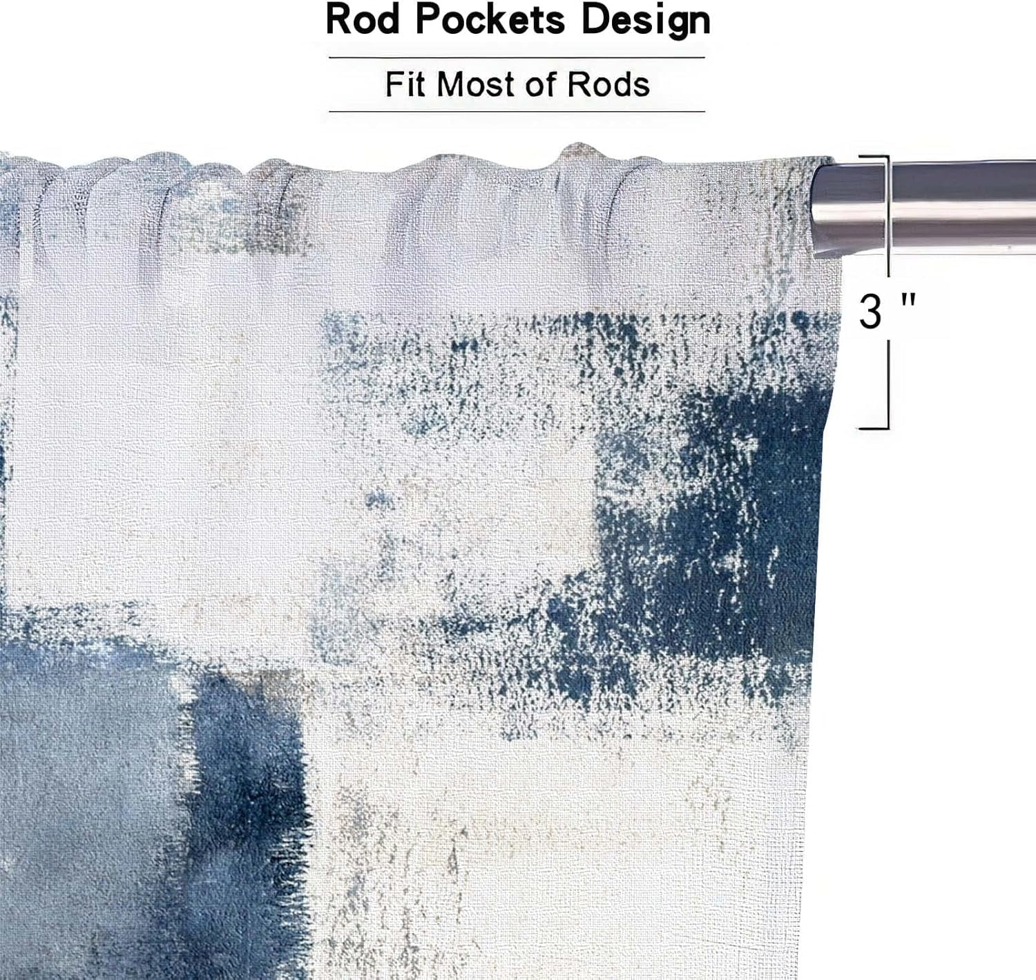Blue Blackout Kitchen Curtains Tiers and Valances Set 3 Piece for Windows White and Grey Kitchen Window Curtains Set,Modern Abstract Art Valances for Living Room(36" Tiers Set)