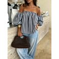 thumbnail image 6 of Women Striped Contrast‑Color Off‑Shoulder Blouse, Woven Fabric Ruffle Tops For Beach Daily Wear, 6 of 10