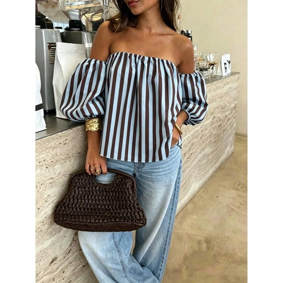 Women Striped Contrast‑Color Off‑Shoulder Blouse, Woven Fabric Ruffle Tops For Beach Daily Wear