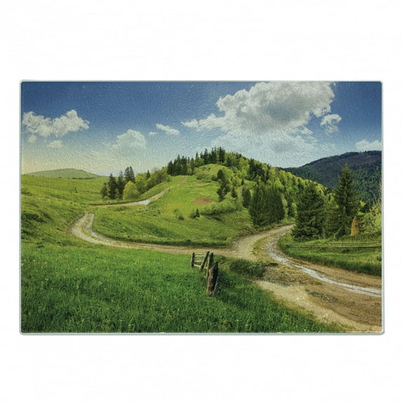 Landscape Cutting Board, Hillside Meadows Cloudy Sky Fence near the Road with Fir Trees on Both Sides, Decorative Tempered Glass Cutting and Serving Board, Small Size, Green Blue, by Ambesonne