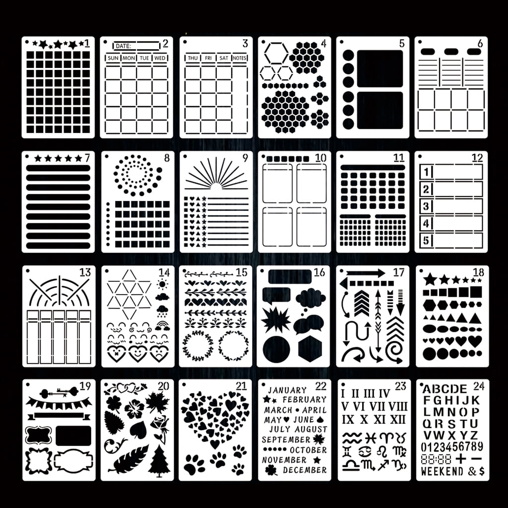 24 Pack Journal Planner Stencils, Reusable Bullet Stencils Set for A5 ...