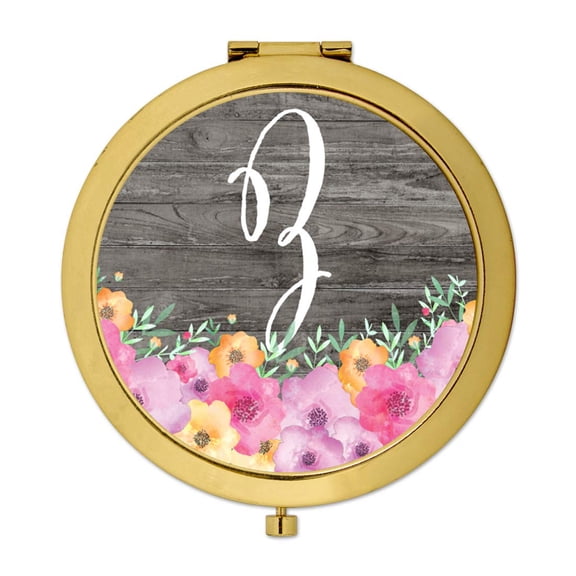 Koyal Wholesale Gold Compact Mirror Bridesmaid's Wedding Gift, Pink Floral Flowers on Rustic Gray Wood, Monogram Z, 1-Pk