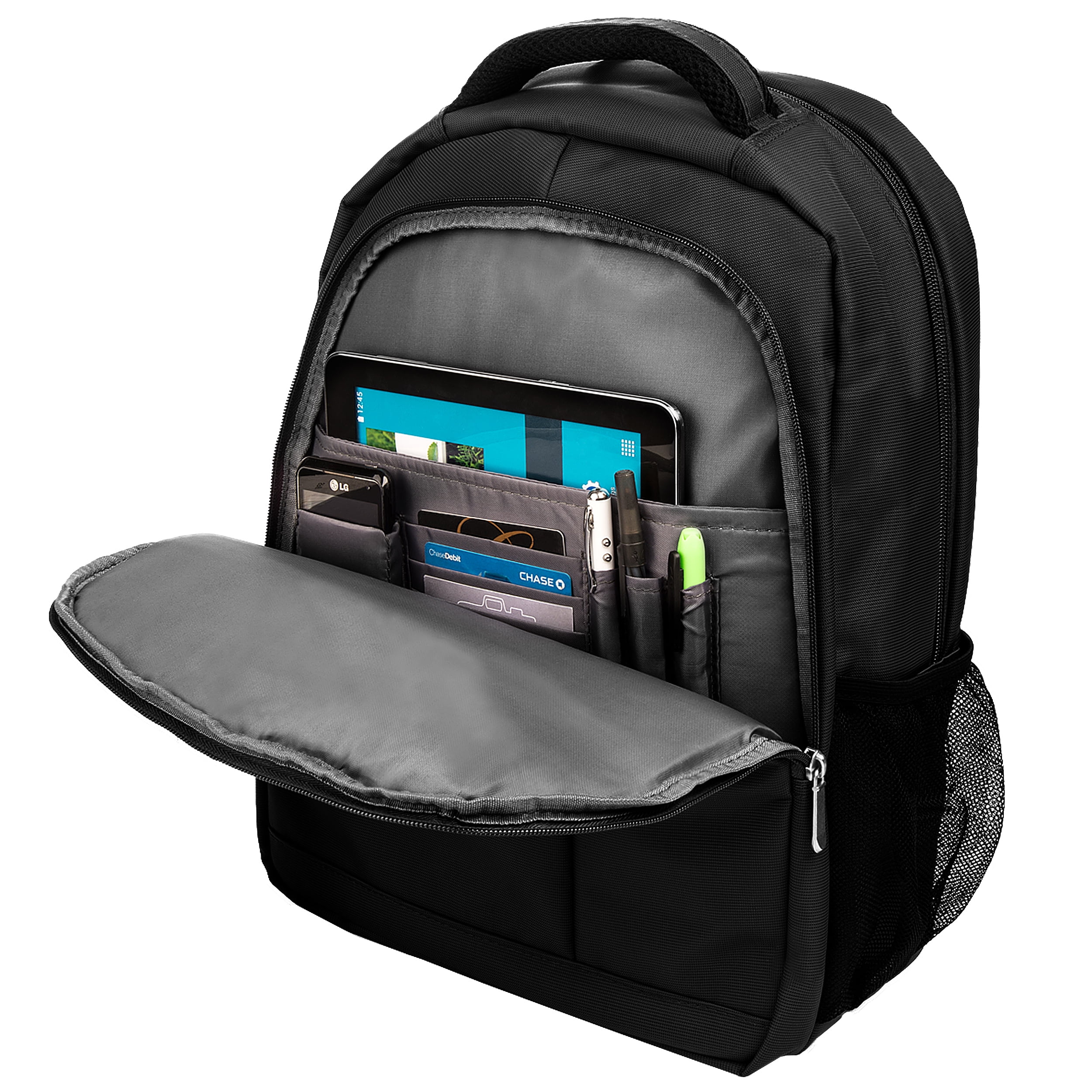 Multi-Compartment Premium Nylon Backpack With Adjustable Padded Straps, Zippered Pockets And Universal Neoprene Smart Sleeve for 15 Inch Laptops / Tablets Bundle (Black)(Navy Blue)
