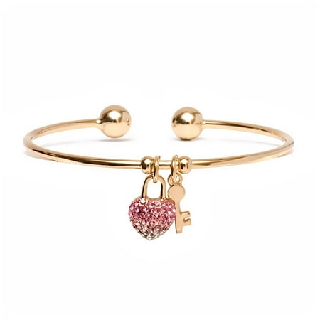 Heart Charm Cuff 18kt Gold over Brass & Swarovski Elements White & Pink Heart Lock and Key Charm Cuff ()