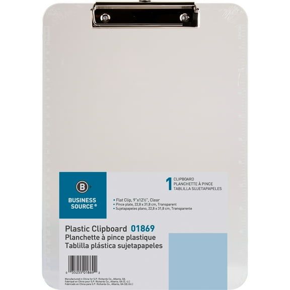 Business Source Transparent Plastic Clipboard - 8 1/2" x 11" - Low-profile - Plastic - Clear - 1 Each | Bundle of 5