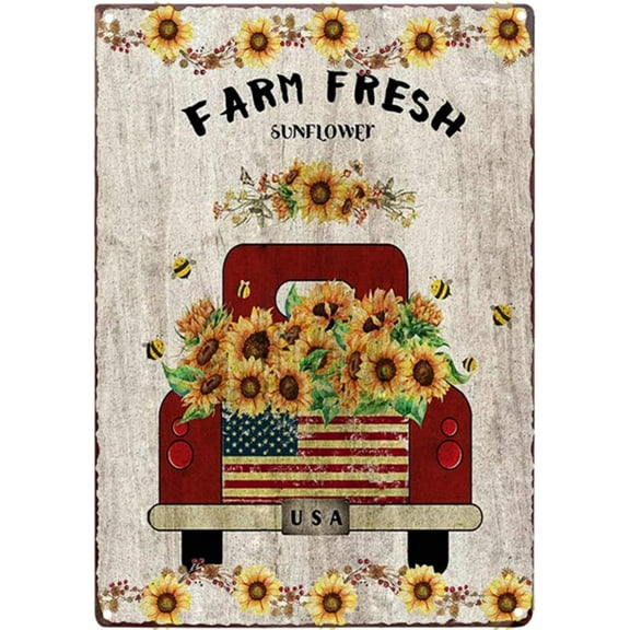 Farm Fresh Sunflower Red Truck Vintage Tin Bar Sign Farmhouse Kitchen Wall Country Home Decor for Living Room Bedroom Decoration 8X12Inch