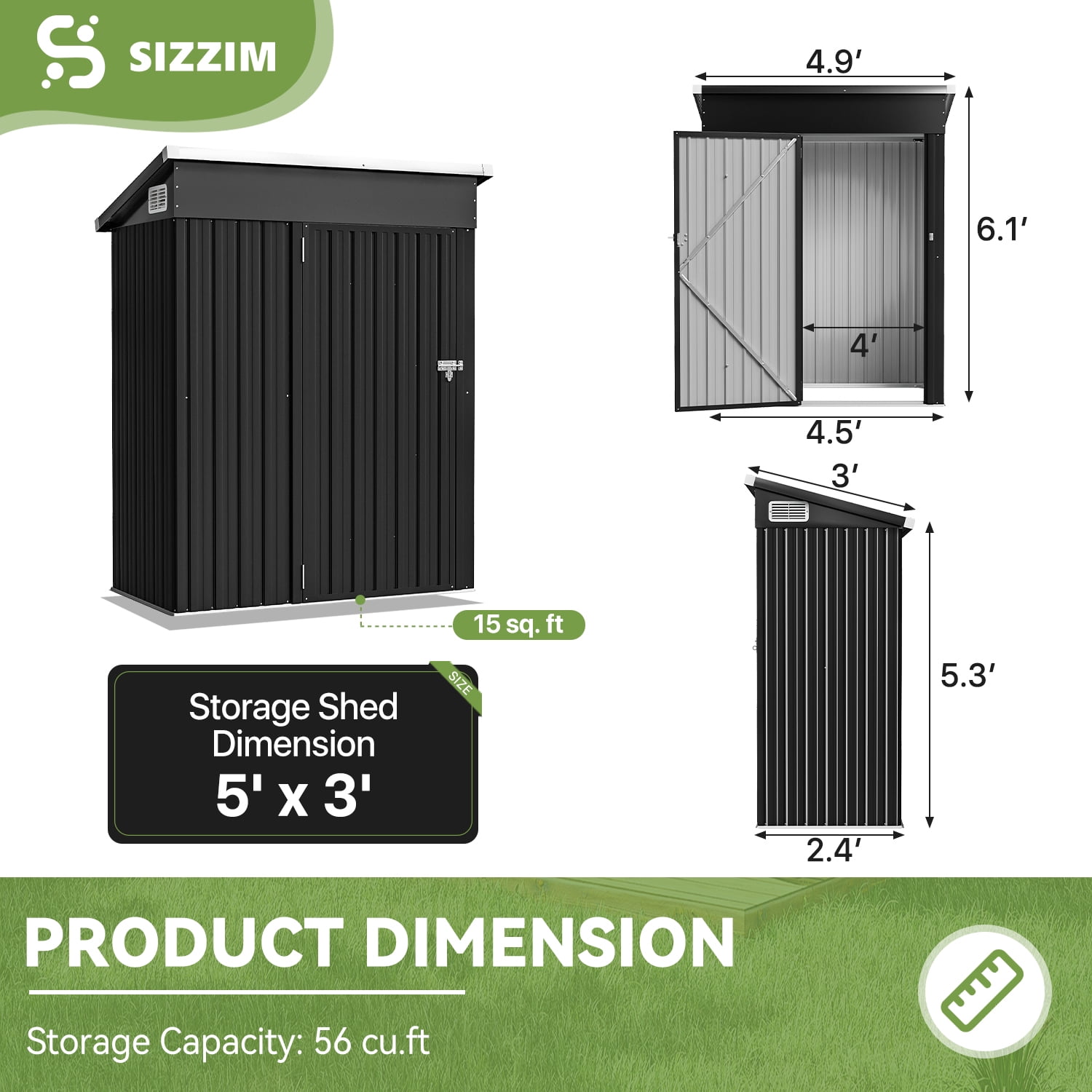 Bapipro 5' x 3' ft Storage Shed, Outdoor Shed with Lockable Door for Garden, Black