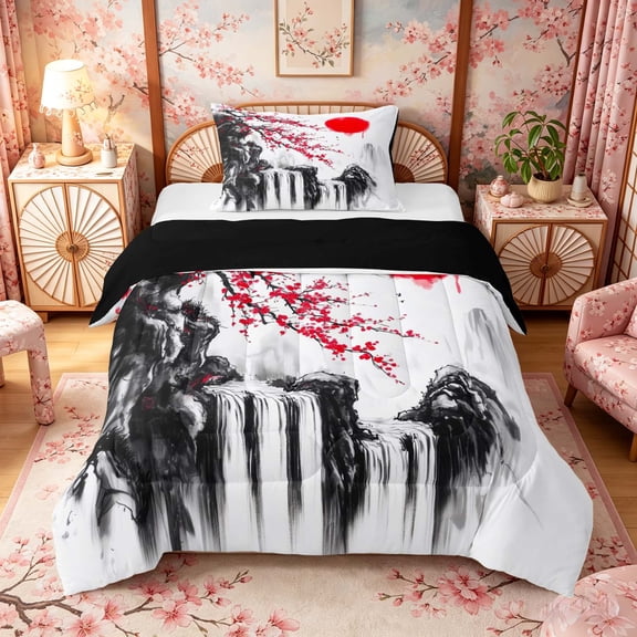 Manfei Ink Waterfall Twin Comforter Sets for Home, Plum Sun Bedding Set for Office, Black Red White, Black Reversible 2-Piece, 1 Comforter and 1 Pillowcase