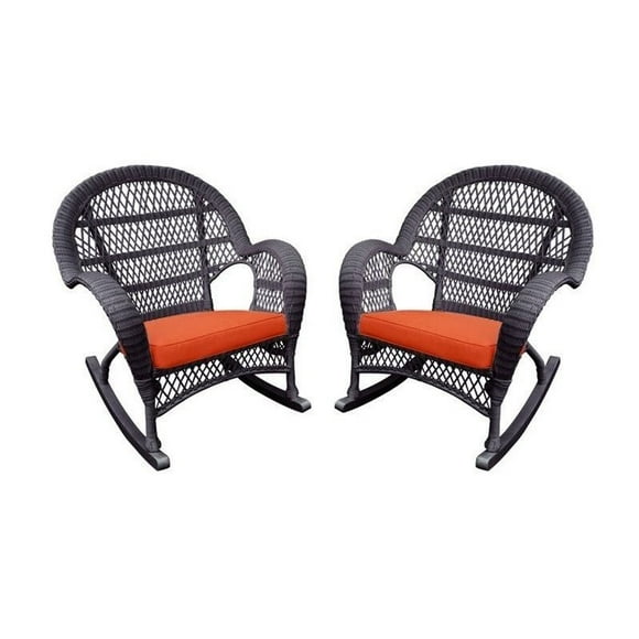 Jeco Wicker Rocker Chair in Espresso with Orange Cushion (Set of 2)