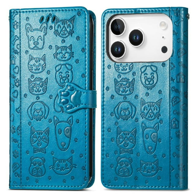 Funda Cartera FOXDOCK para iPhone 17 Pro , Flip PU con Relieve de Gatos y Perros, Tarjetero y Soporte