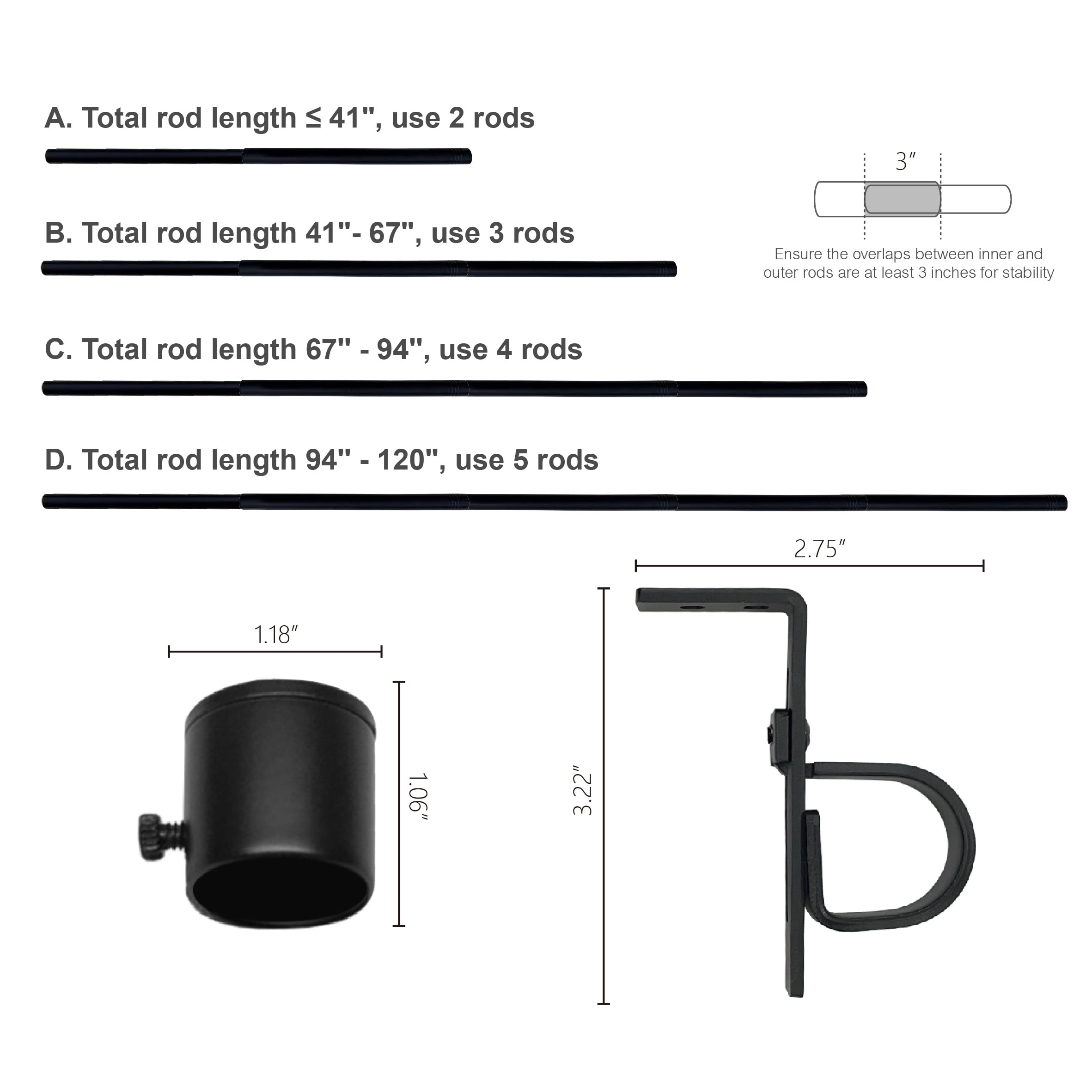 Lumi 1" Condo Single Curtain Rod, 23-120", Black