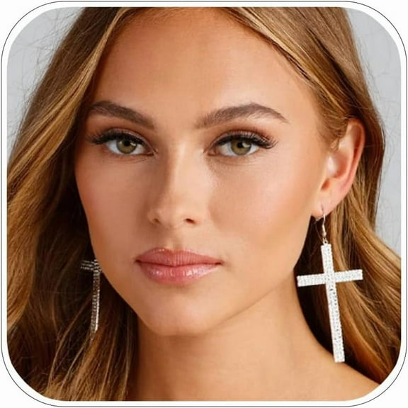 Generous Silver Cross Earrings For Women Dangle Oversized Rhinestone Statement Earrings Stylish Jewelry[m966]