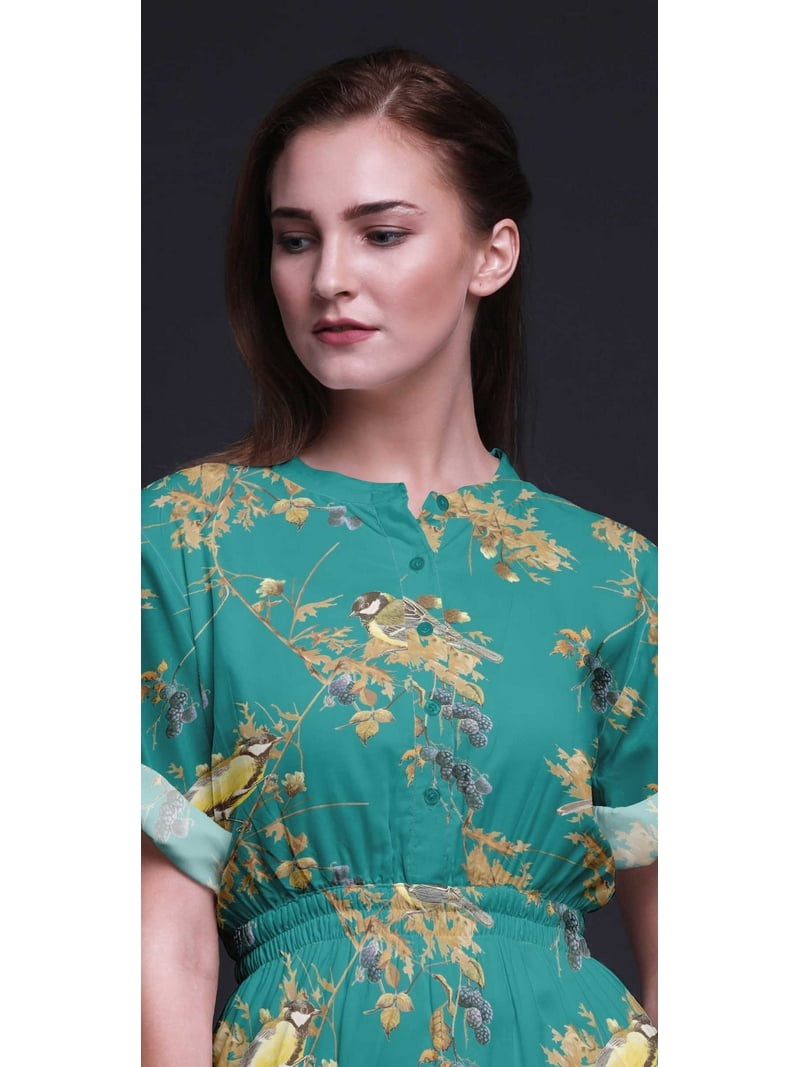 boho bird dress Blue Cotton Floral Bird Print Maxi Dress, Boho V Neck Summer Vacation Dress