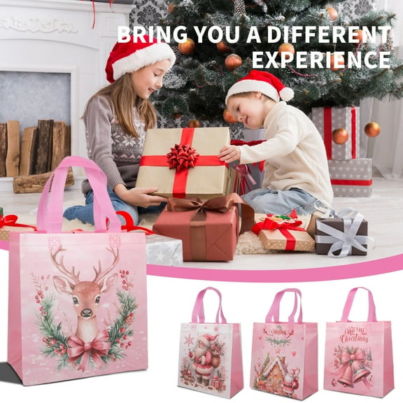 20pcs Christmas-themed gift bags, pink non-woven waterproof party gift bags, printed with Santa Claus and fawn patterns, suitable for wedding, carnival night, Thanksgiving