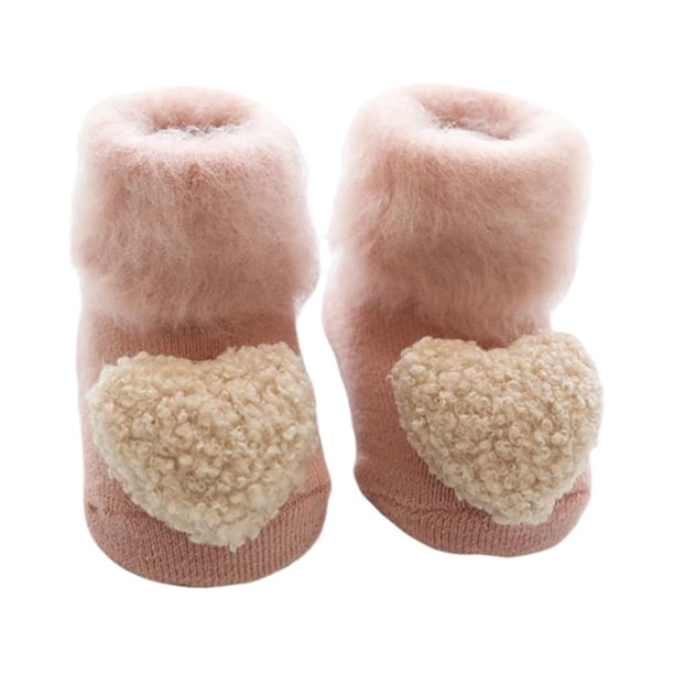 GOOHOCHY 1 par de calcetines de invierno gruesos de felpa para recién nacidos, adorables calcetines de suelo para bebé, antideslizantes para niños pequeños (rosa, corazón)