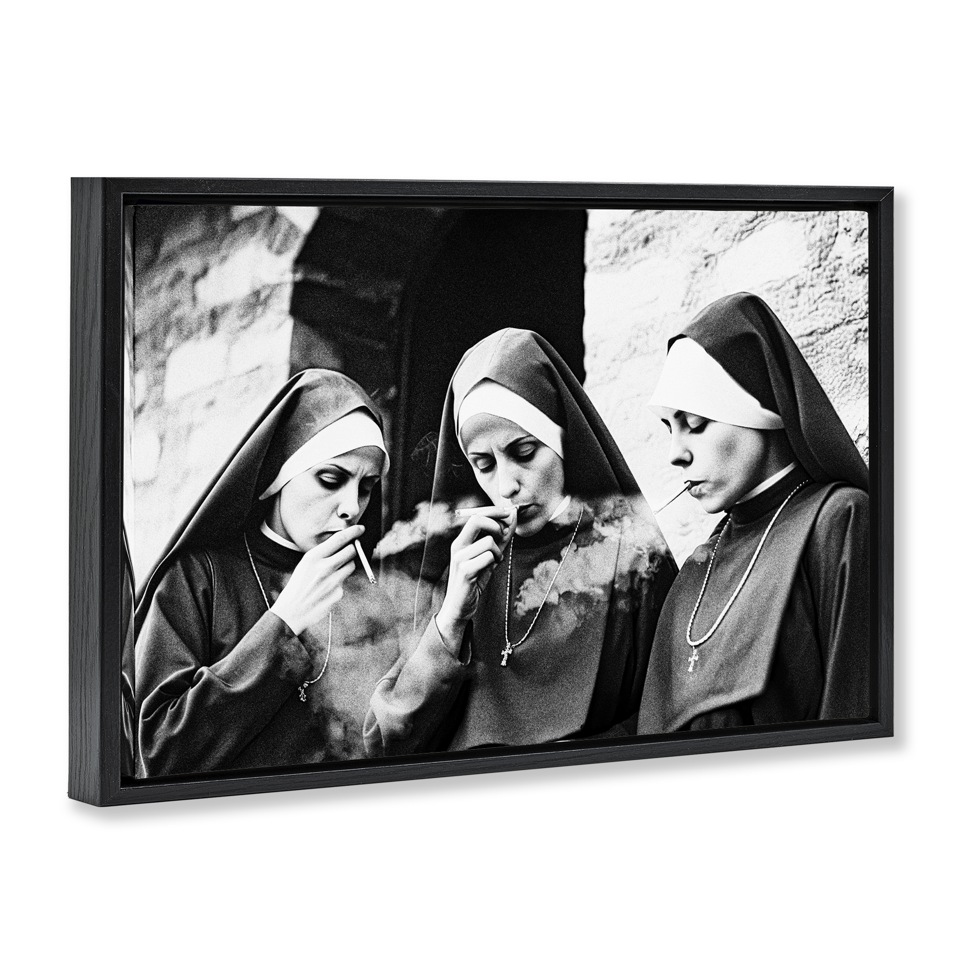Smoking Nuns Rebellion Black Framed Floater Canvas Wall Art, design by Decent Exposures