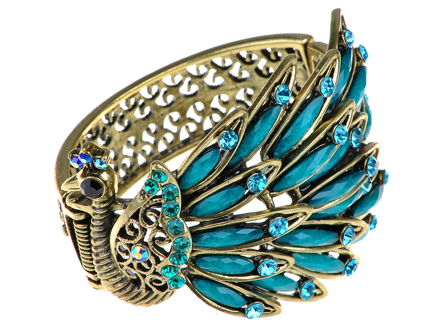 Alilang Womens Antique Golden Tone Peacock Bracelet Bangle with Turquoise Blue Gems