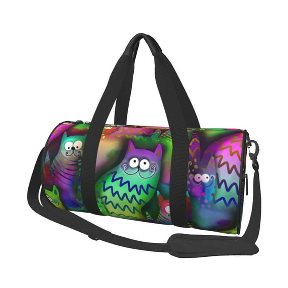 YFYANG Large Capacity Canvas Gym Bag for Men and Women, Watercolor Doodle Cartoon Cat Round Portable Travel Bags for Sports Fitness