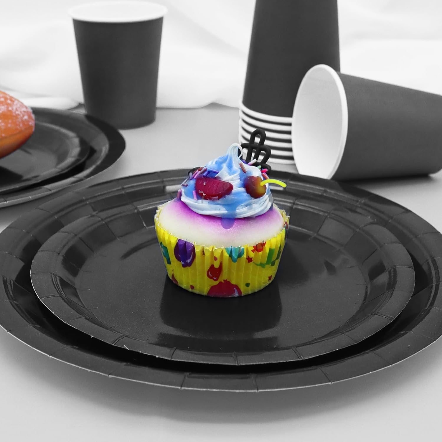 168pcs Black Paper Plates and Napkins for Halloween Birthday Anniversary Decorations, Black Plates Disposable Dinnerware Sets for Party Supplies and Party Decorations Serves 24