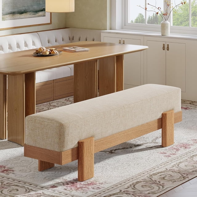 Tribesigns 55-Inch Upholstered Dining Bench, Modern Fabric Padded Seat Bench with MDF Frame, Kitchen Stool for Dining Room, Entryway, Beige & Oak