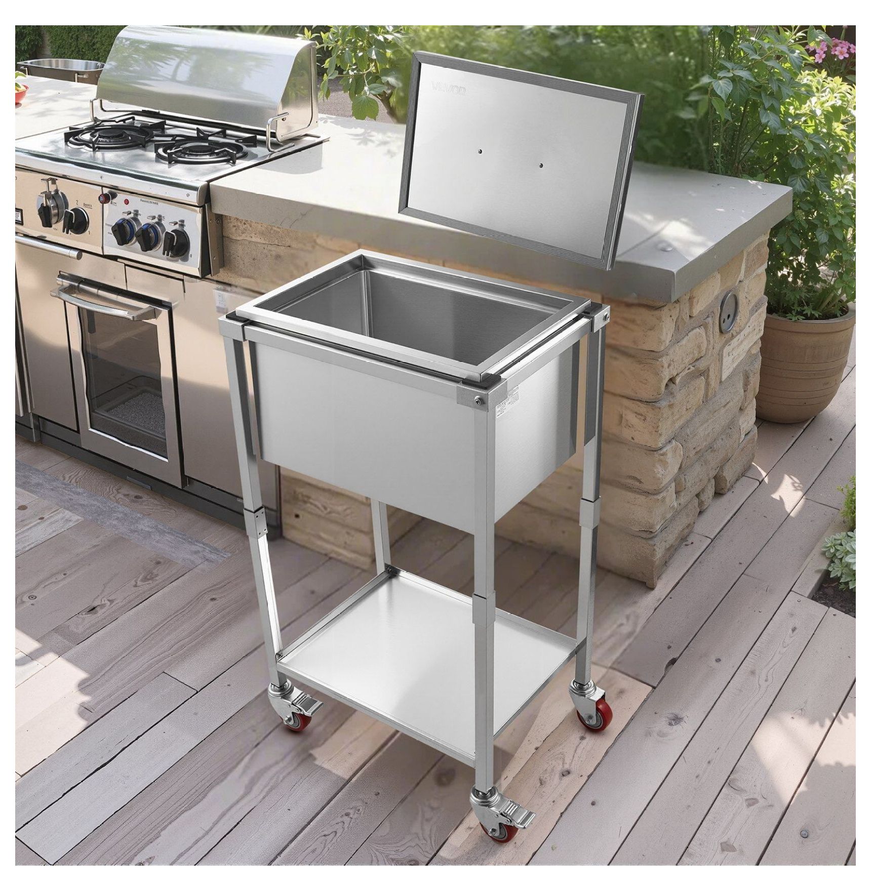 Rolling Ice Chest Cooler Cart, 32.8 Quart Stainless Steel Ice Bin on Wheels, Outdoor Party Cooler Trolley with Shelf, 22x16x38 Inch