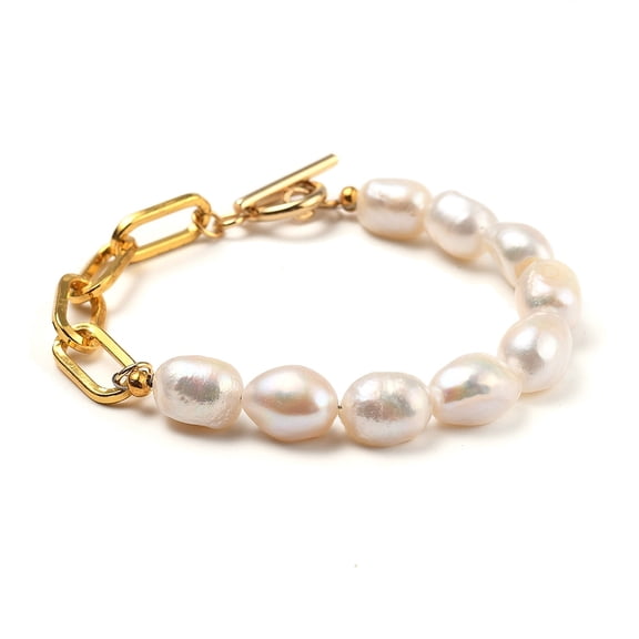 1 pc Mother's Day Jewellery Natural Baroque Pearl Keshi Pearl Beaded Bracelets with Iron Paperclip Chains and 304 Stainless Steel Toggle Clasps Golden 7.28~7.68 inch(18.5~19.5cm)