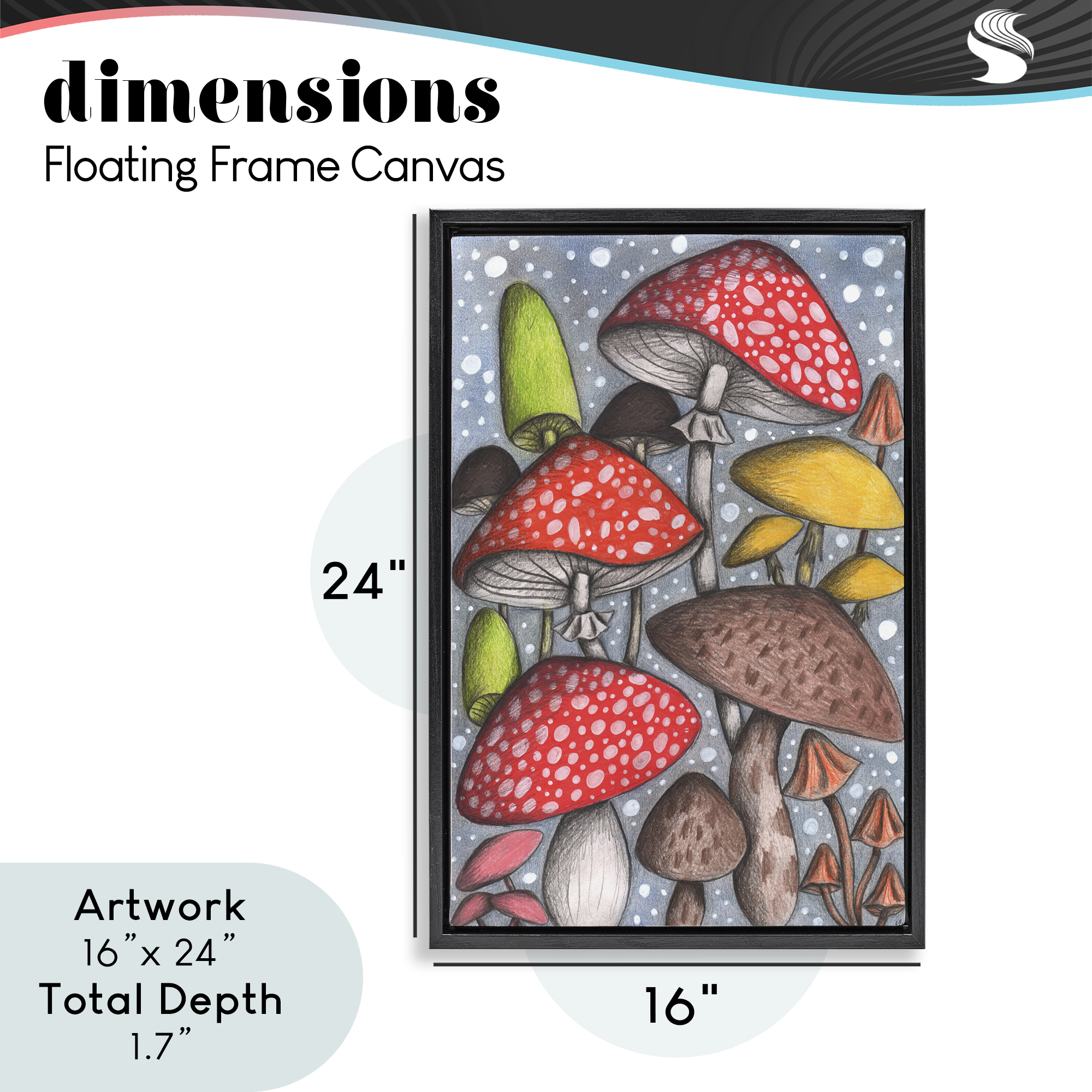 Sketched Magical Mushrooms Black Framed Floater Canvas Wall Art, design by Cecilia Battaini