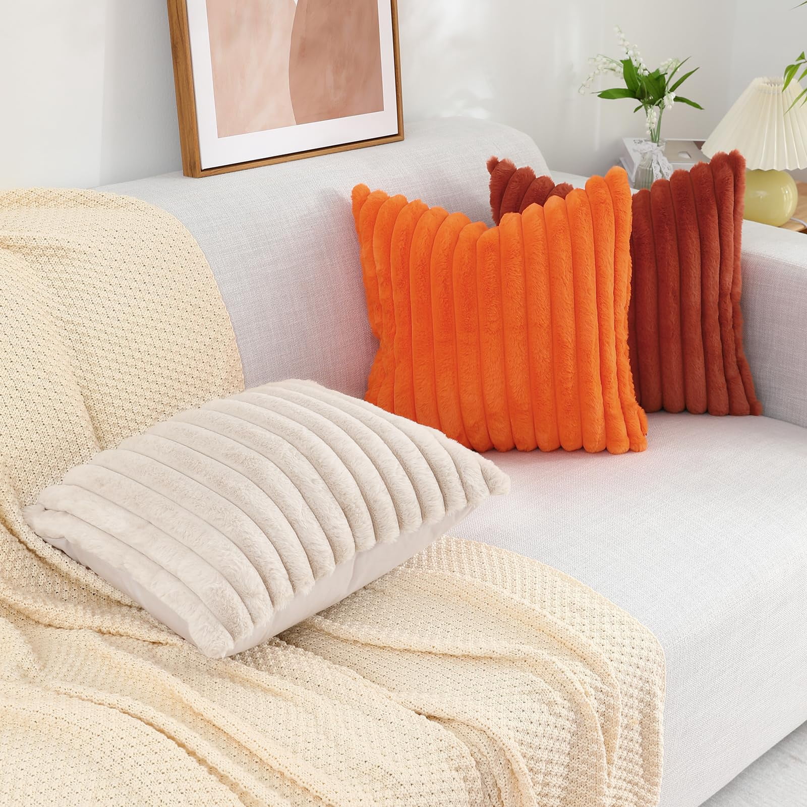 decorUhome Pack of 2 Faux Fur Plush Throw Pillow Covers 26x26, Soft Fluffy Striped Decorative Couch Pillow Covers , Beige