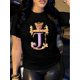 thumbnail image 1 of Camiseta de cuello redondo con estampado del alfabeto de la corona real, tejido de punto informal con ligera elasticidad, corte regular, manga corta, ideal para todas las estaciones. Ideal para adult, 1 of 6