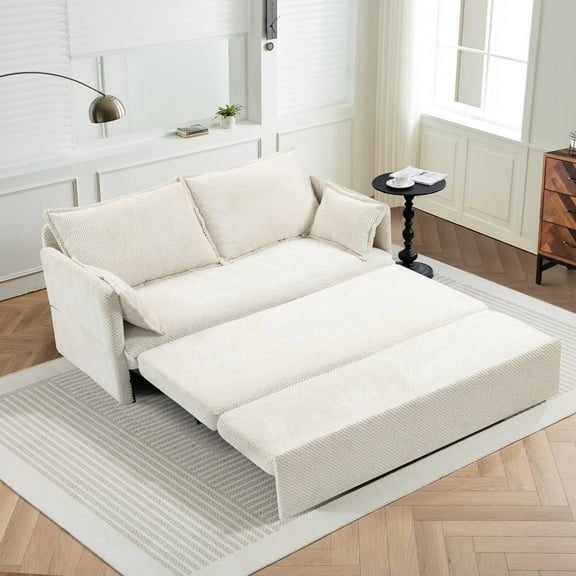 Modern Convertible Sleeper Sofa with USB Charging, Queen-size Corduroy Upholstery Sofa Bed, White