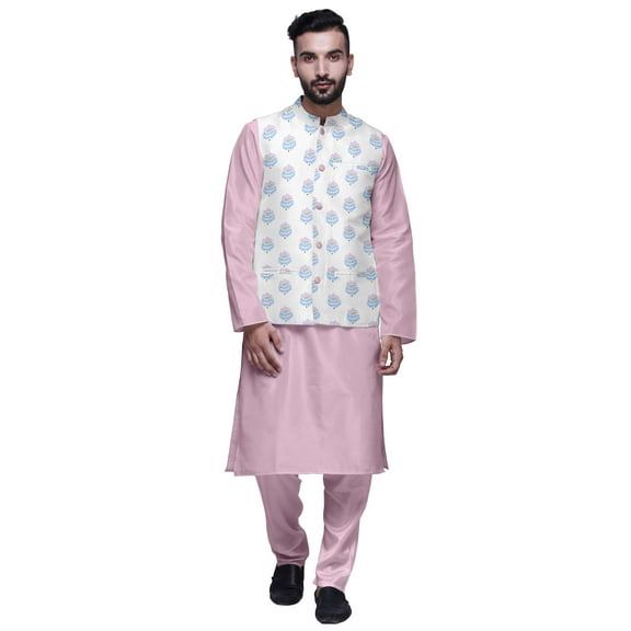 Atasi Ethnic Dupion Silk Kurta Pyajama Set With Printed Nehru Jacket For Mens