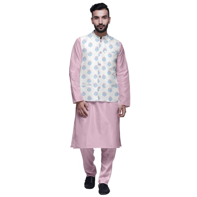 Atasi Kurta Pyjama Traditionnel Uni à Col Mandarin avec Ensemble de Veste Imprimée