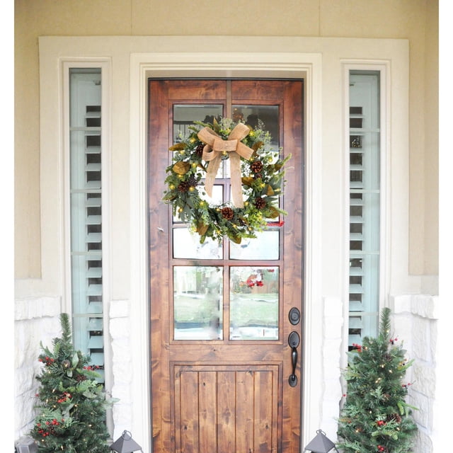 Corona navideña perfecl con luces decorada con lazo 45 cm para puerta de entrada