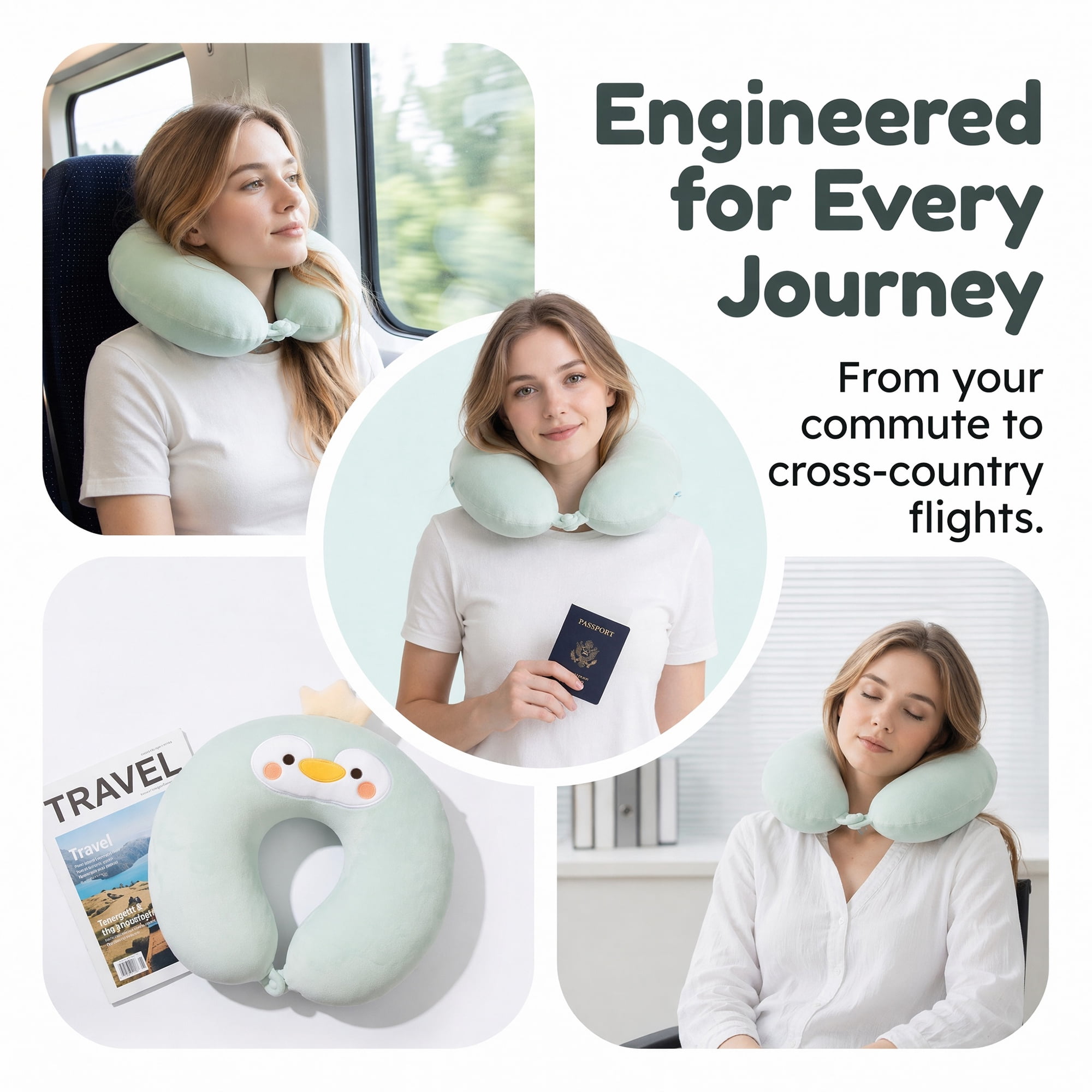 Unique Bargains Memory Foam Neck Pillow U Shape Snap Closure Head Rest Mint Green 12"x12"