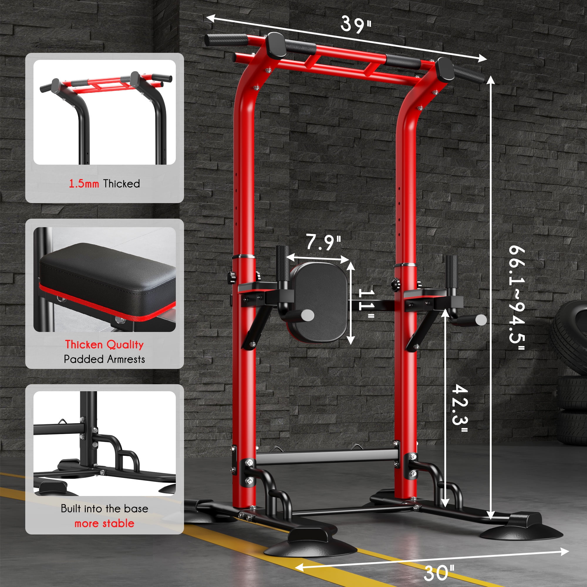 94.5"H Pull Up Bar and Dip Station, Heavy Duty 12 Adjustable Home Gym Equipment for Strength Training, Multifunctional Workout Bar with Resistance Bands – Full Body & Core Exercise 330LBS,Red