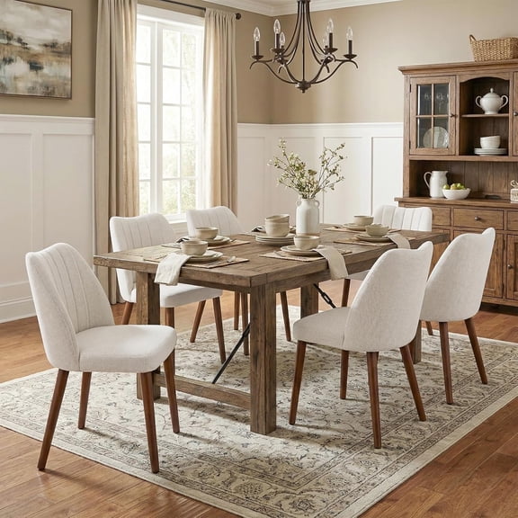 Wooden Dining Chairs Set of 6, Dining Room Chairs with Wood Legs, Upholstered Dining Chairs Modern Fabric Kitchen Chairs with Back for Kitchen/Living Room/Restaurant, Tool-Free Assembly, White