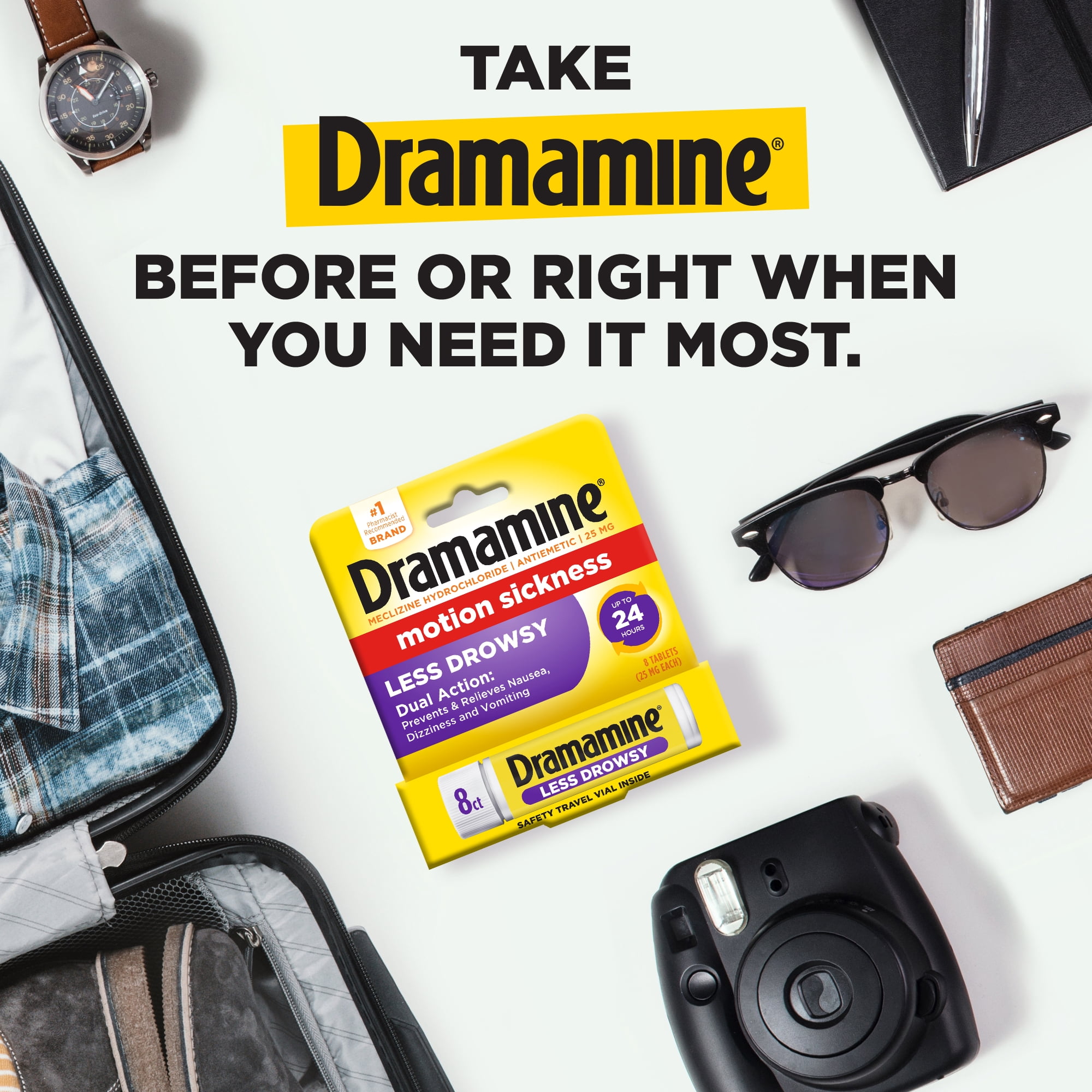 Dramamine All Day Less Drowsy, Motion Sickness Relief, Sensitive Stomach, 8 Count